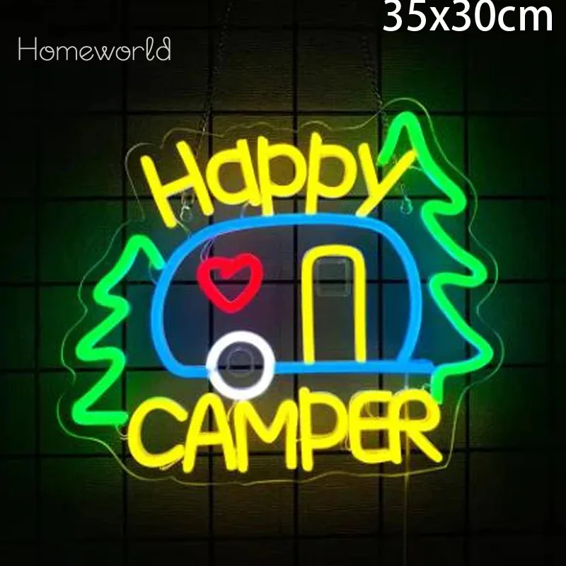 Happy Camper Neon Sign For Wall Decor Party Decor Touring Car Gifts Campsite Decorations Inside Camper Backdrop USB Power