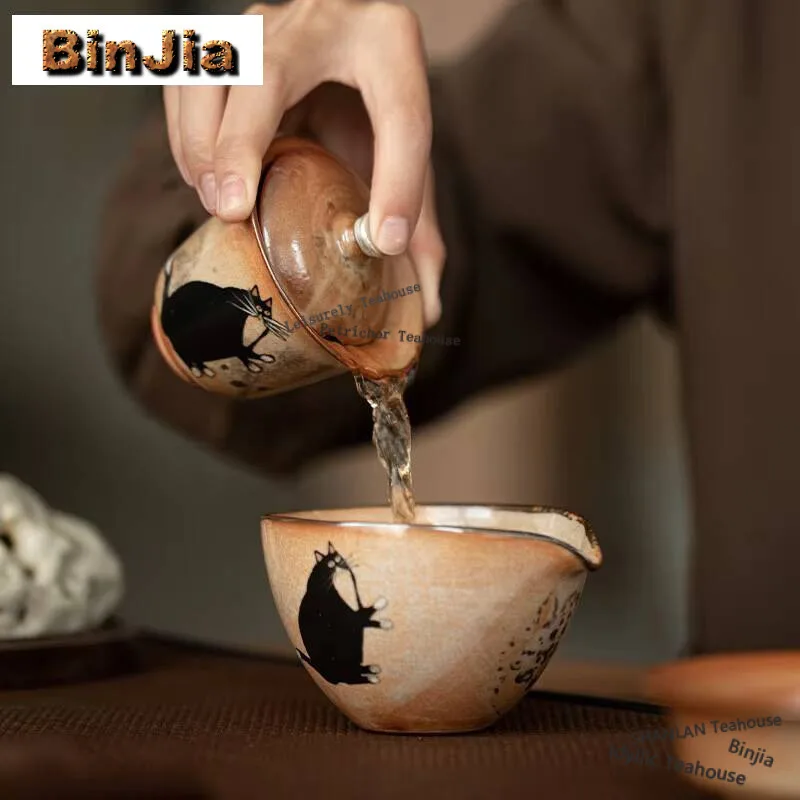 100ml Hand-painted Sier Kiln Change Gaiwan Wood-fired Porcelain Zhiye Cat Tea Tureen Making Cover Bowl Drinkware Gift Accessorie