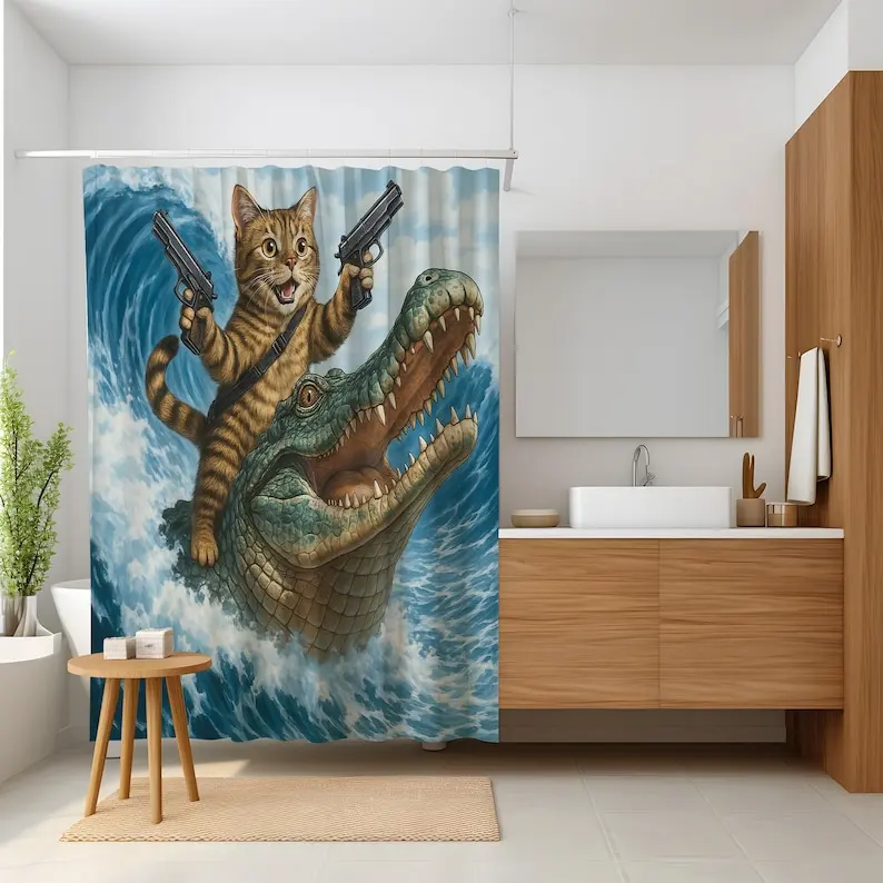 Funny Cat Riding Crocodile Shower Curtain, Epic Bathroom Decor, Wild Animal Humor Print, Cool Gift for Him or Her