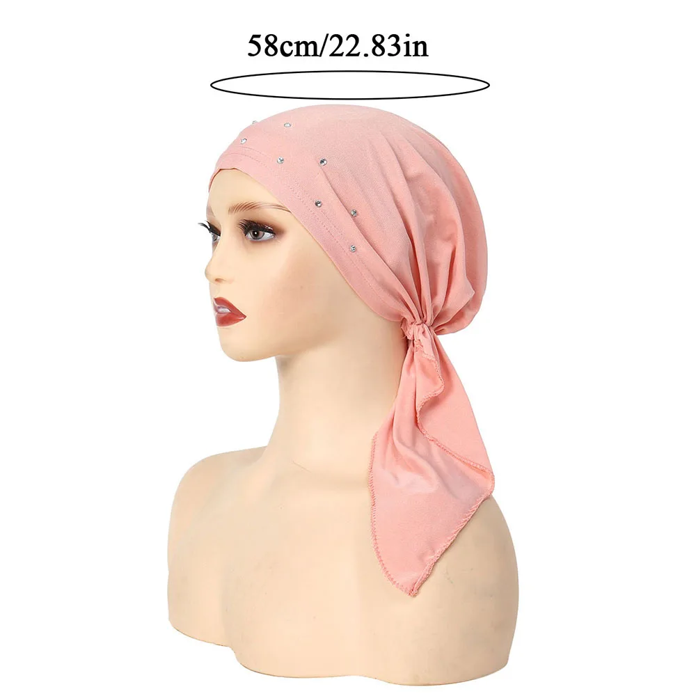 Rhinestone Turban Hijab Women Muslim Hijab Scarf Slamic Headscarf Hat Stretch Headwrap Inner Hijab Long Tail Headscarf Bonnet