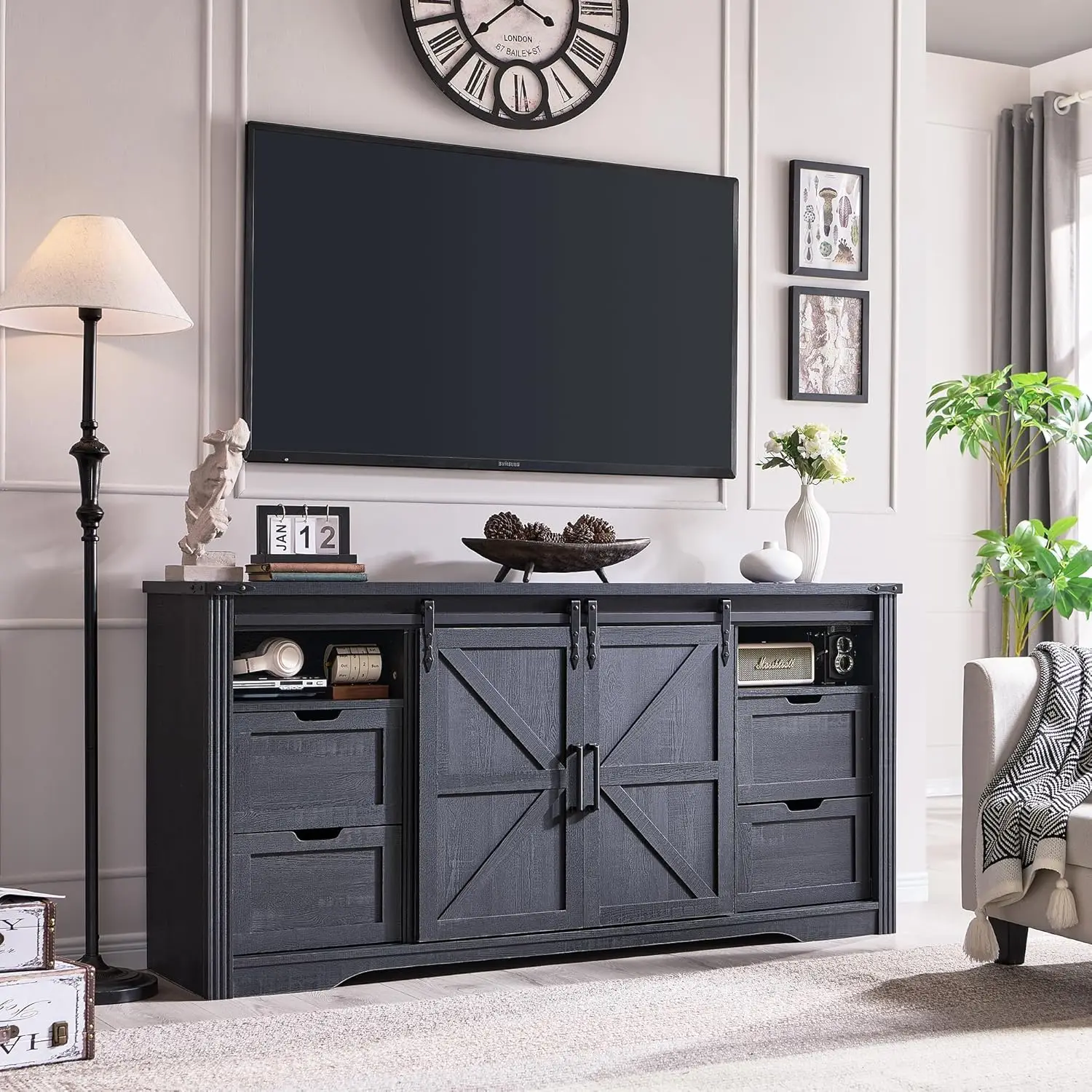 Farmhouse TV Stand for 75+ Inch TV, 32" Tall Entertainment Center w/4 Drawers & Sliding Barn Door, Rustic Media Console w/Storag