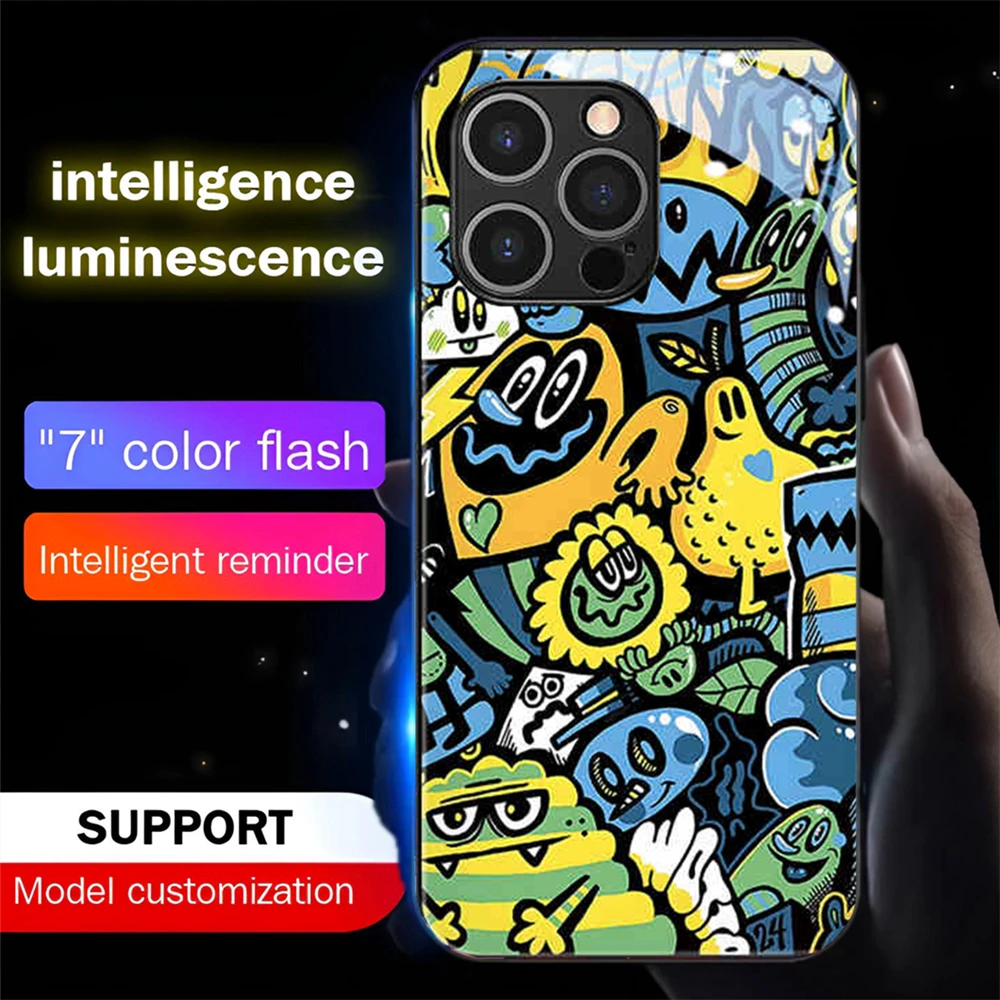 

USA Graffiti Style Smart LED Light Glow Tempered Glass Phone Case For Samsung S24 S23 S22 S21 S20 FE Note 10 20 Plus Ultra A54