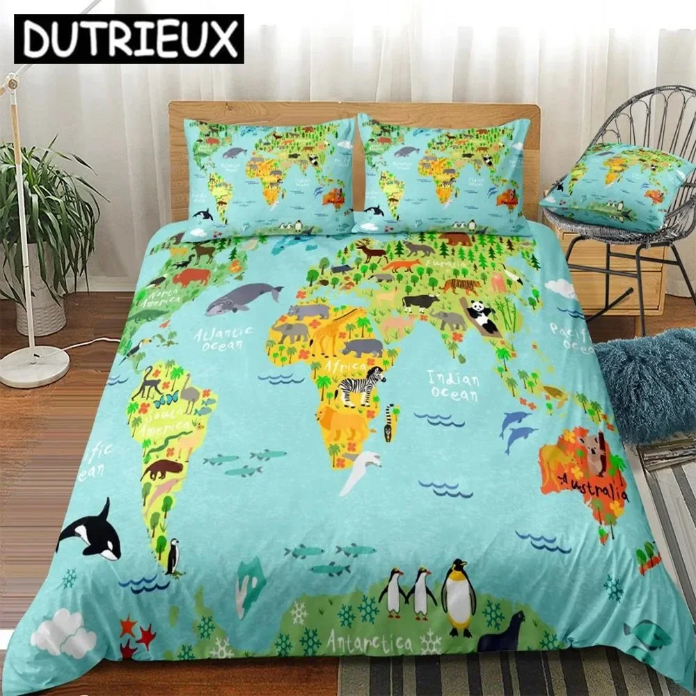 Cartoon Map Duvet Cover Set Map With Animals Sightseeing Attraction Bedding Kids Boys Girls Animal Map Quilt Cover King Dropship