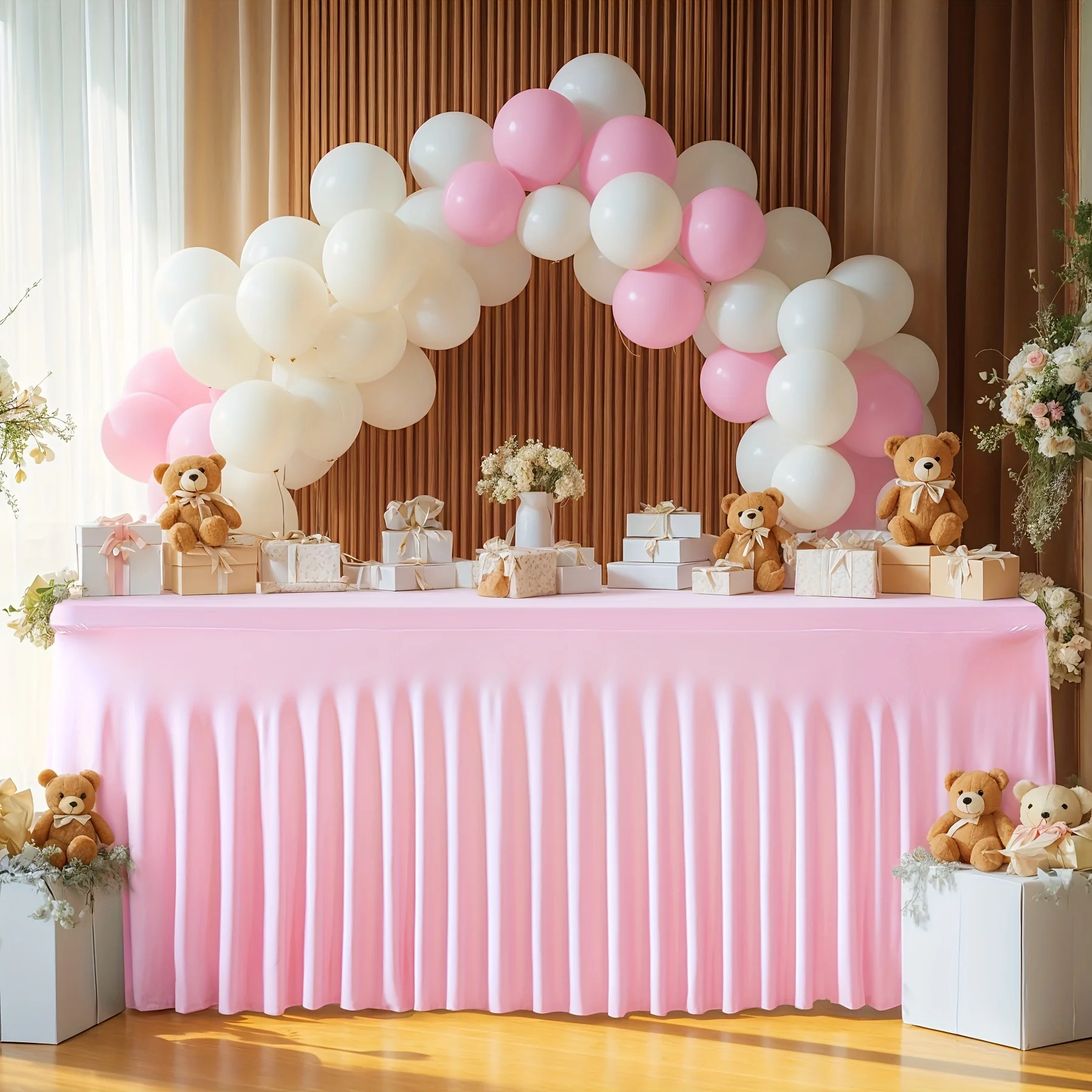 

4pcs 8ft Stretch Wrinkle-Resistant Tablecloth - Rectangle Spandex Blend, Pleated Design for Weddings, Birthdays, Baby Showers