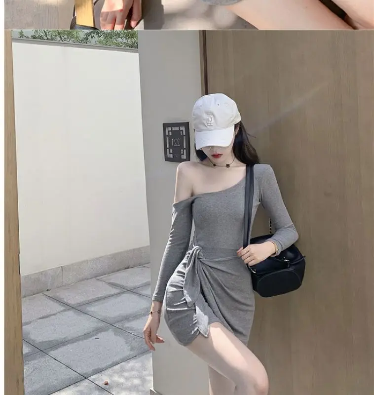 여성 사선 칼라 솔리드 긴팔 미니 드레스 섹시한 짧은 바디콘 스커트 드레스 캐주얼 셔츠 패션 Y2K 의류