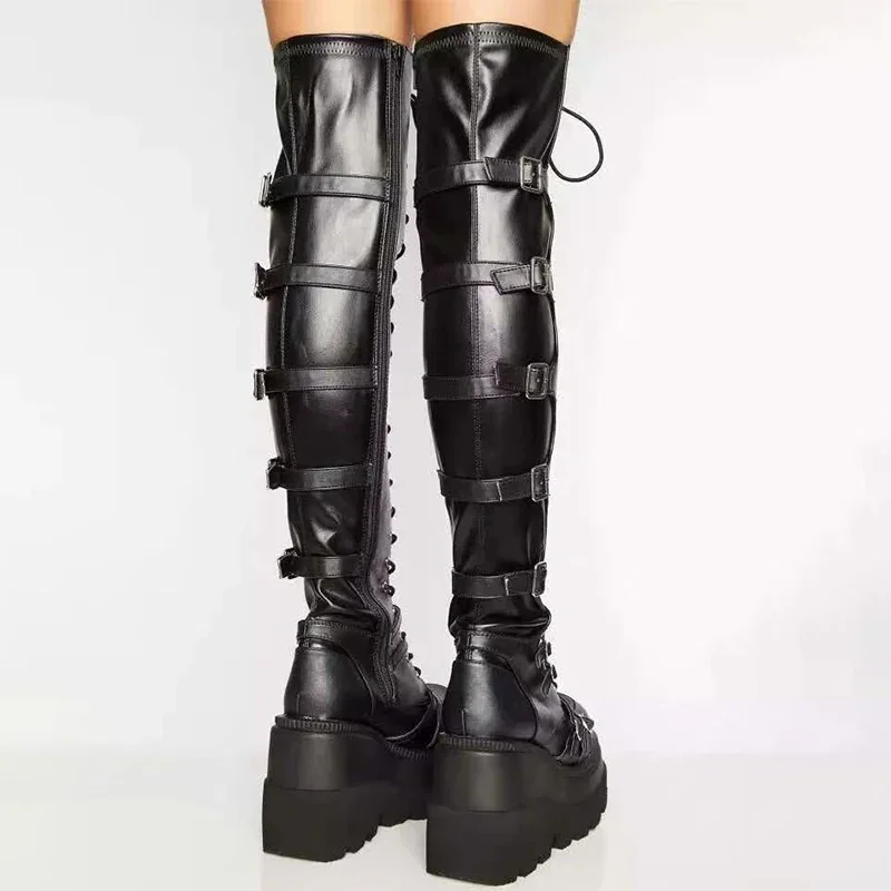 Women\'s Thigh High Boots Black Punk Gothic Woman Sexy Long Boots Large Size Women Platform Shoes Leather Knight Boots Wedges