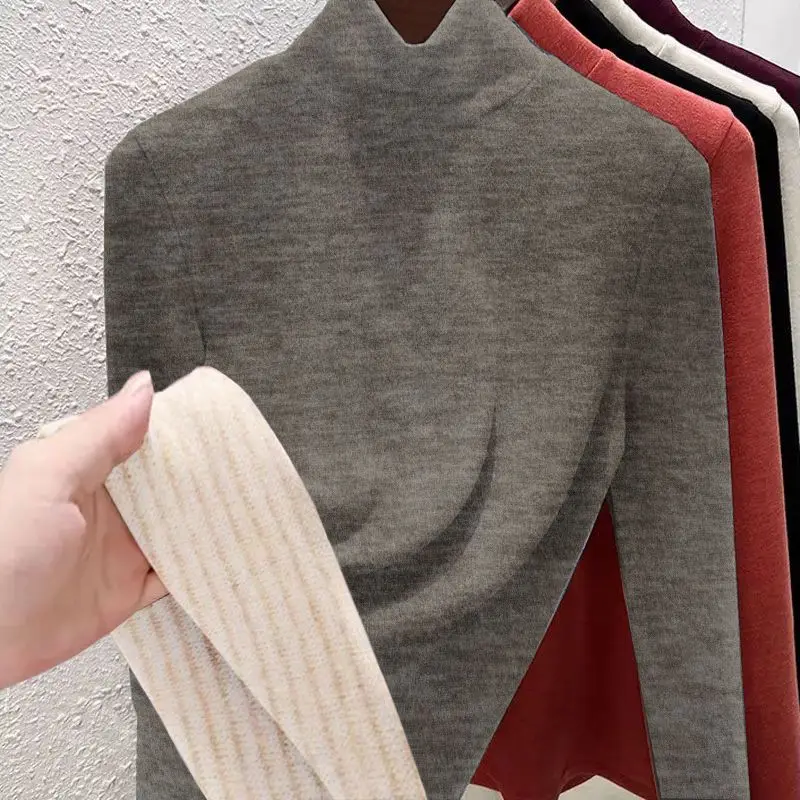 Womens Mock Neck Thermal Base Layer Top Winter Fleece Lined Slim Fit Long Sleeve Korean Style Warm Underwear view 5