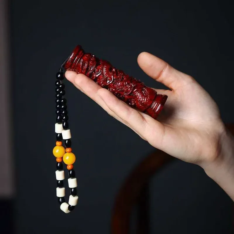 Rhinoceros Horn Red Sandalwood Carved Dragon Pattern Hand Piece Wenwan Pendant Chinese Style Craft Collectible Souvenir Gift
