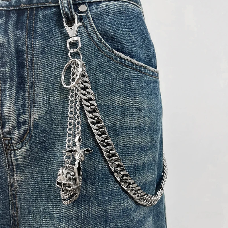 Y2K 5 Skull Pendant Multi Layer Pants Chain Gothic Punk Rock Waist Chain Hip Hop Nightclub Fashion Denim Wallet Chain for Men Wo