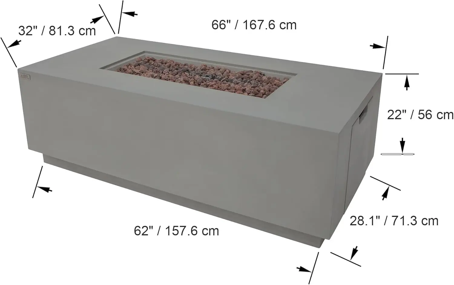 Ams Creations | Sedona Fire Pit Table With Pull-Out Propane Tank Storage Drawer | Concrete Rectangular Propane Fire Pit |