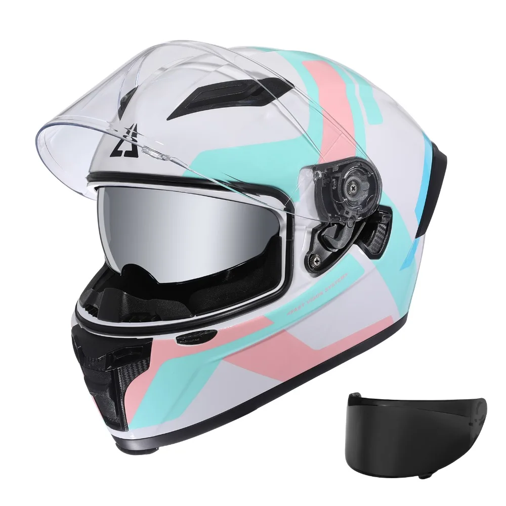 Full Face Motorcycle Helmet with Dual Lens Wide Vision Motor Bike Helmets for Adult DOT Approved FF351 TRIANGLE