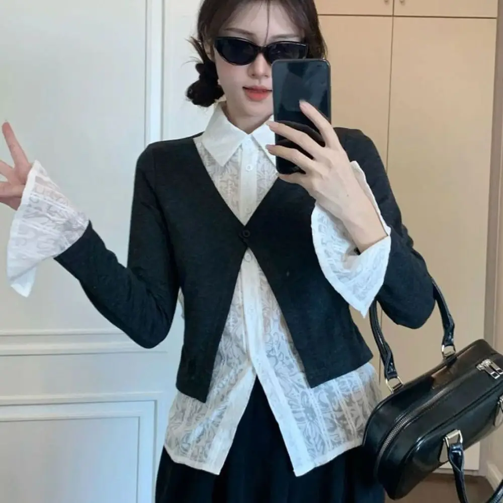 

Ins Slim Fit False Two-piece Top Flip Collar Korean Style Lace Long Sleeved Knitwear Cardigans Sweet Knitted Top Women Female