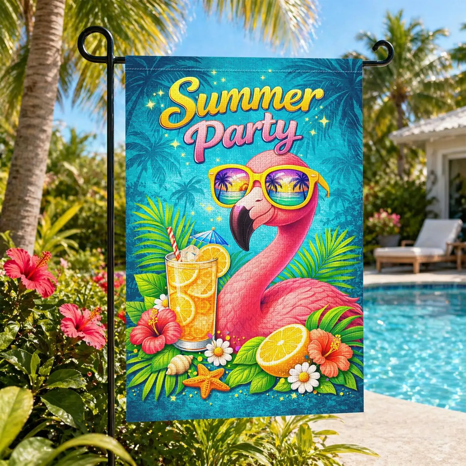 Heyfibro Summer Party Garden Flag – 12x18 Inch Double Sided Flamingo & Tropical Drink Design,Summer Outdoor Flag for Poo jjp