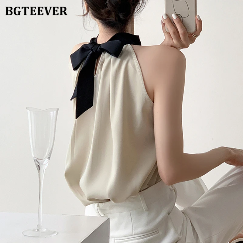 BGTEEVER Stylish Women Patchwork Halter Lace-up Shirts Spring Elegant Female Sleeveless Pullovers Blouses Ladies Tops Summer