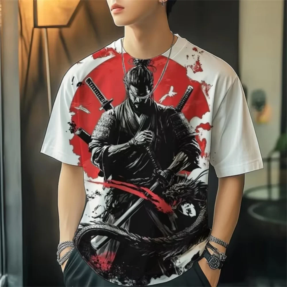 Men's trendy Japanese samurai pattern 3Dprinted T-shirt summer street style quick-drying and breathable loose Harajuku style top