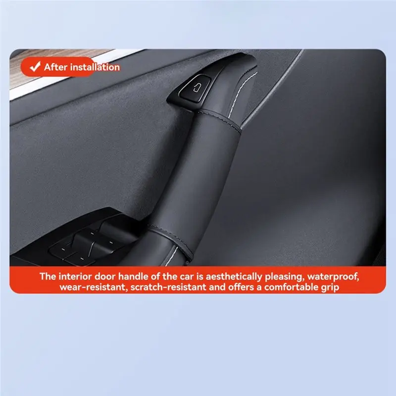 A96E-PU Leather Car Interior Armrest Handles Glove Side Door Handle Protection For Tesla Model 3/Y Handlebar Grip Cover Set/4Pcs