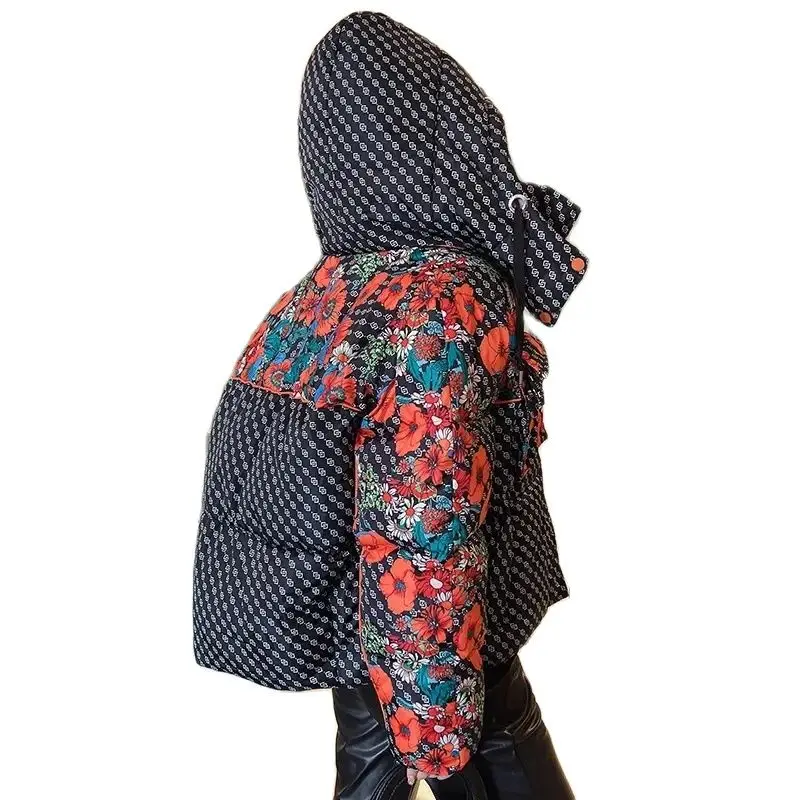 New Down Cotton-Padded Jacket Printed Hooded Thickened Loose Warm Padded Jacket Female Winter Flower Cotton-Padded Jacket