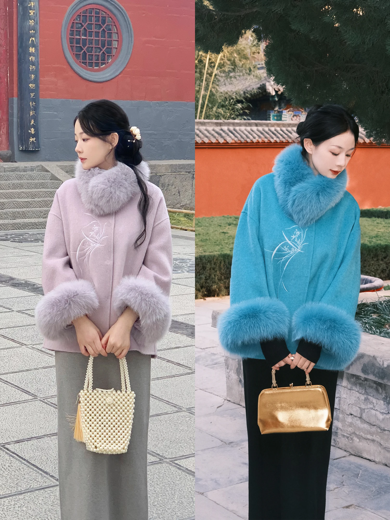 

Двустороннее шерстяное пальто Ele с вышивкой орхидей, длинное и короткое, двухцветное, классический эстетический стиль, женское.