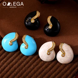 Three Colors Enamel Conch Shape Stainless Steel Stud Earrings For Women 18K Gold Plated Small Zircon Women's Earring Ear Studs