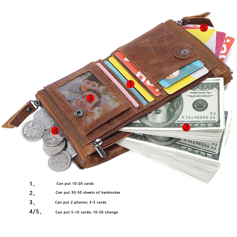 Genuine Leather Men's Wallet Short Fashionable Zero Wallet Cowhide Double Zipper Wallet