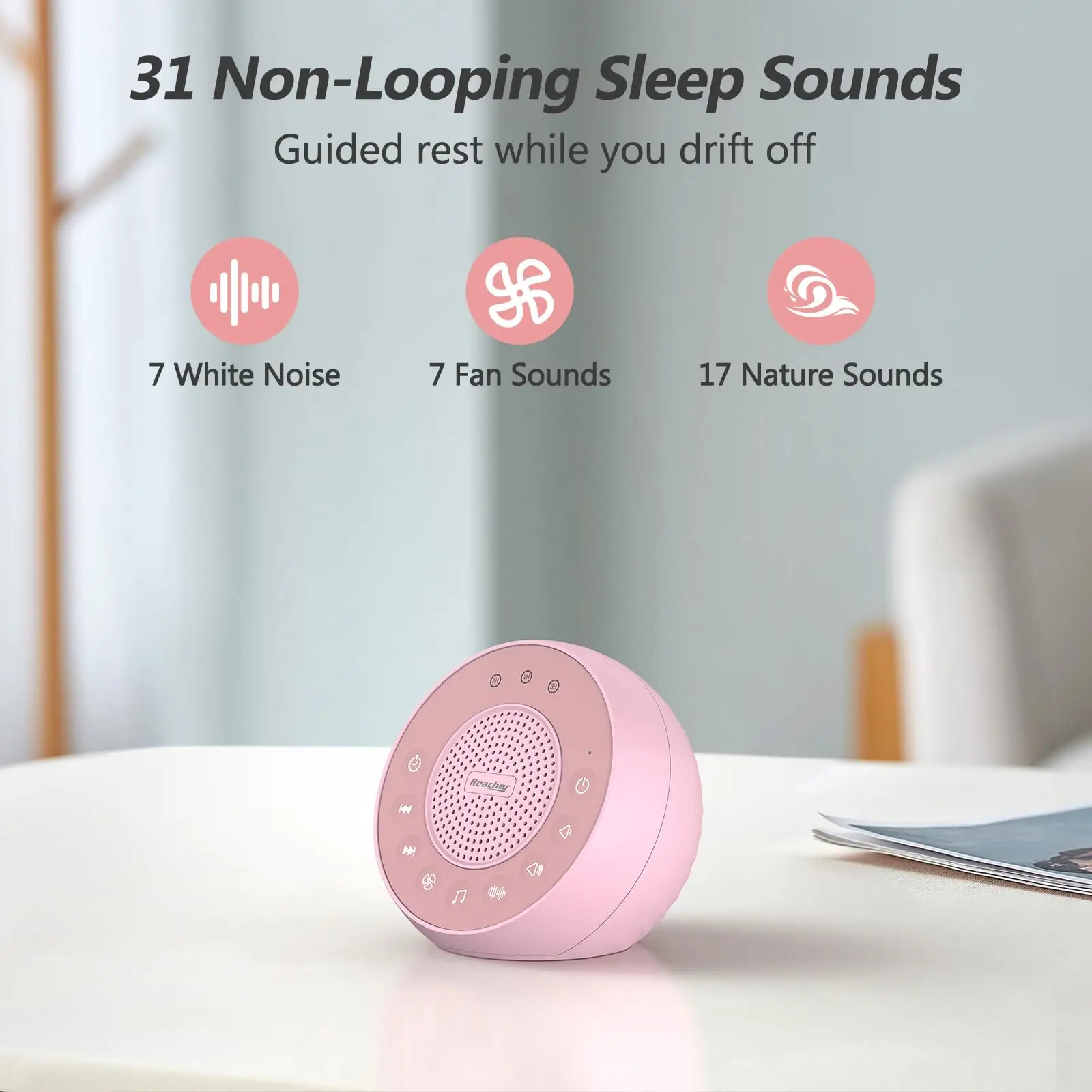 White Noise Machine with 31 Non-looping Soothing Sounds,3 Auto-Off Timer,Brown/Pink Noise Sound Machine for Office Privacy