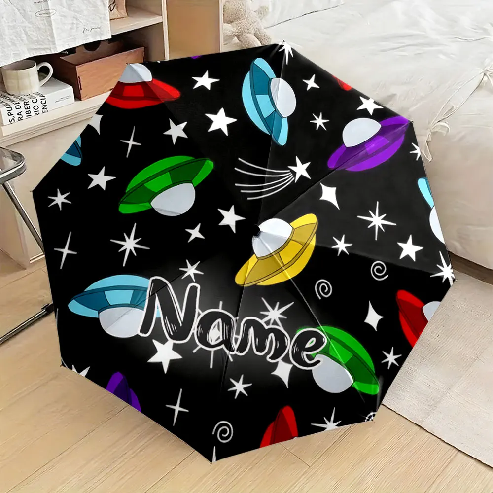Custom Name Umbrella, Colorful UFOs & Stars Pattern Umbrella Design Folding Umbrella for Sunny and Rainy,Gift