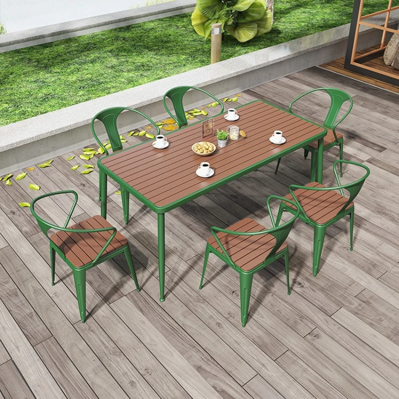 

Open-air courtyard cafe balcony four-piece modern simple wrought iron leisure plastic wood table and chair combination