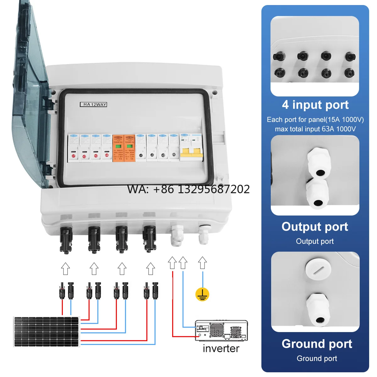 

Solar Photovoltaic PV Combiner Box With Lightning Protection 4 Input 1 Out DC 600V Fuse MCB SPD Waterproof Box IP65 12ways