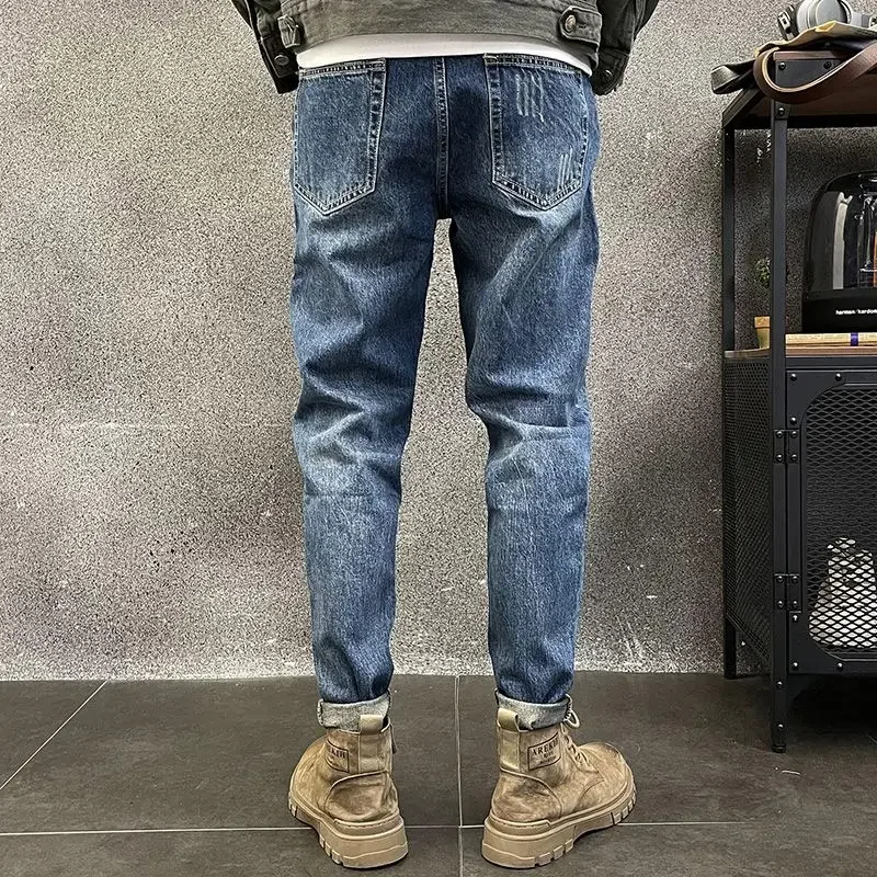 

Light Blue Slim Fit Jeans for Men Tight Pipe Skinny Man Cowboy Pants Spring Autumn Trousers Y2k Vintage Luxury Classic Wide Leg