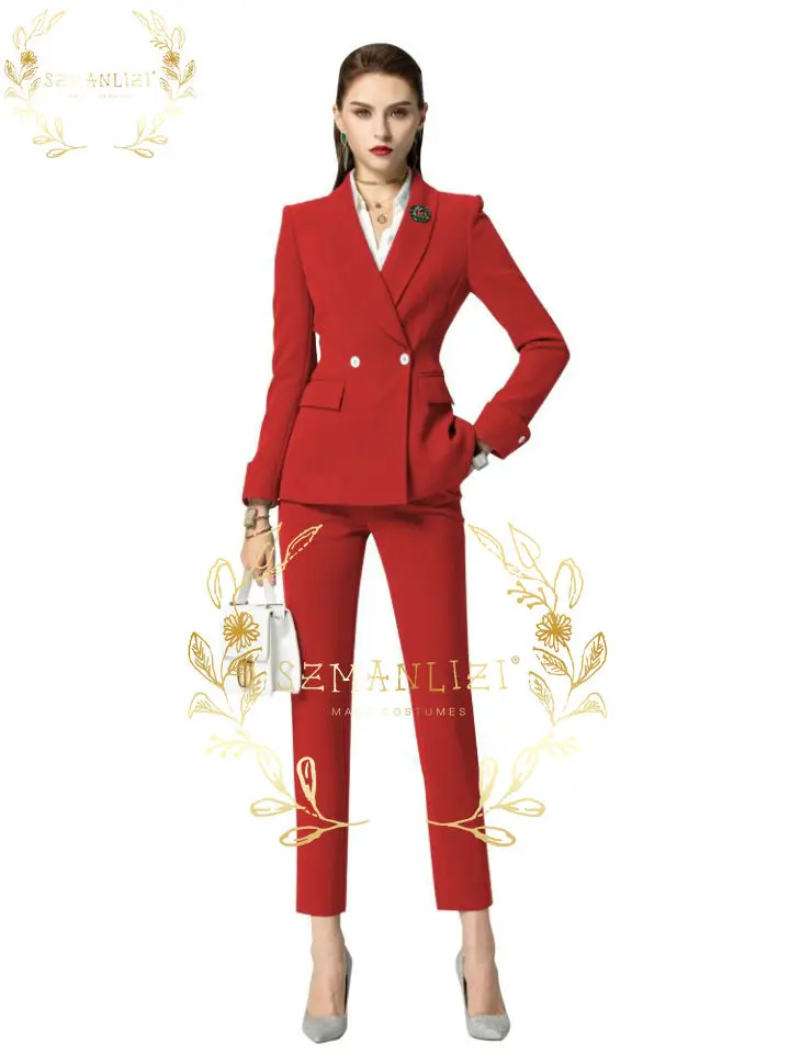 New Women's Red Solid Color Doube Breasted Business Office 2 Pieces Formal Suits Work Office Ladies Suits Wedding Party Dress