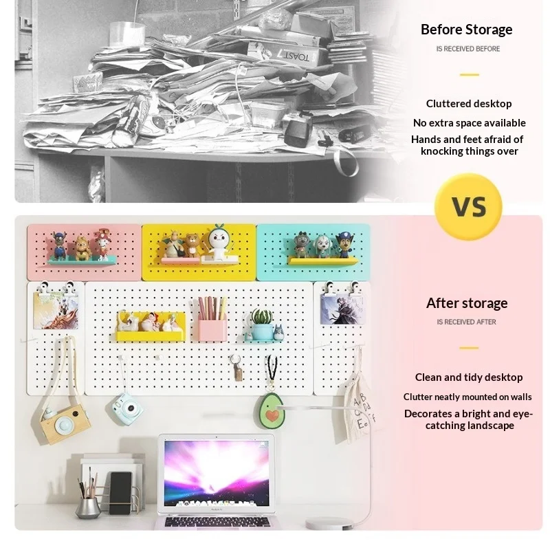 Metal Pegboard Wall Organizer No Drill Storage Rack Hooks Shelves Space Saving Entryway Desk Bathroom Kitchen Display Yellow view 3