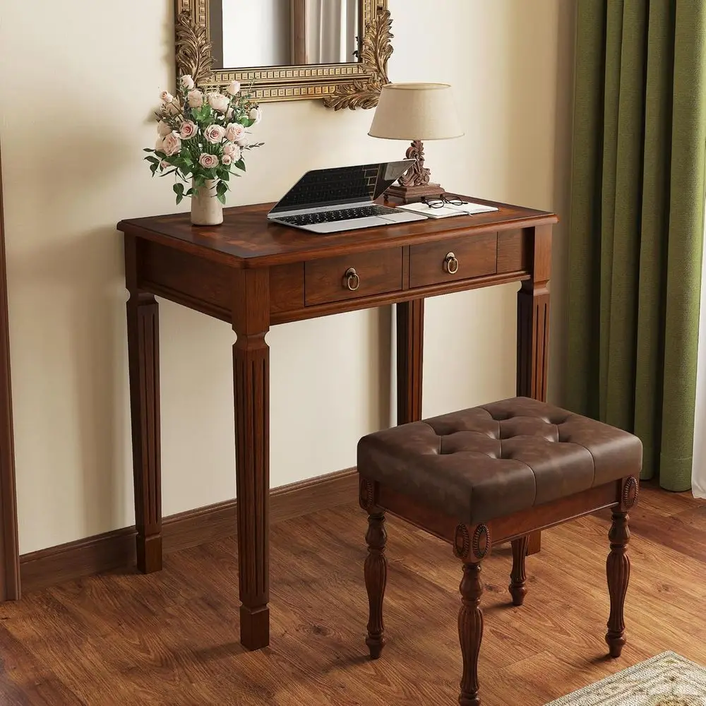 Solid Wood Small Makeup Vanity Table Set, 31.5"W Narrow Wooden Dring Vanity Desk with 2 Storage Ders and Upholstered Stool, Comp - view 6