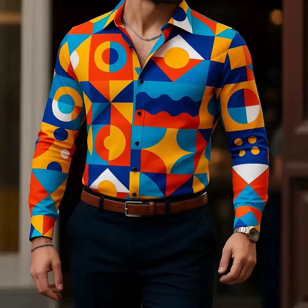 New men's long sleeved shirt, casual slim fit button down collar shirt, artistic geometric pattern shirt, men's fashionable top
