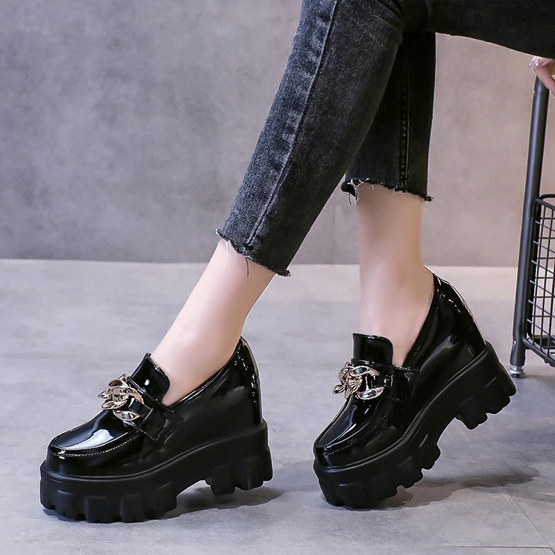 Women Patent Leather Chunky Sneakers Loafers Breathable Chain High Heels Platform Casual Shoes Flats Woman Vulcanize