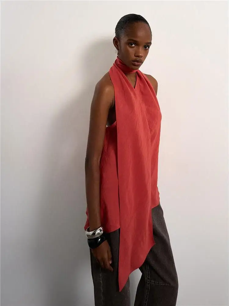 Summer American Vacation Style Women's Shirt with Sashes Hanging Neck Spicy Girl Base Shirt Versatile Design Top CityWalk PVC...