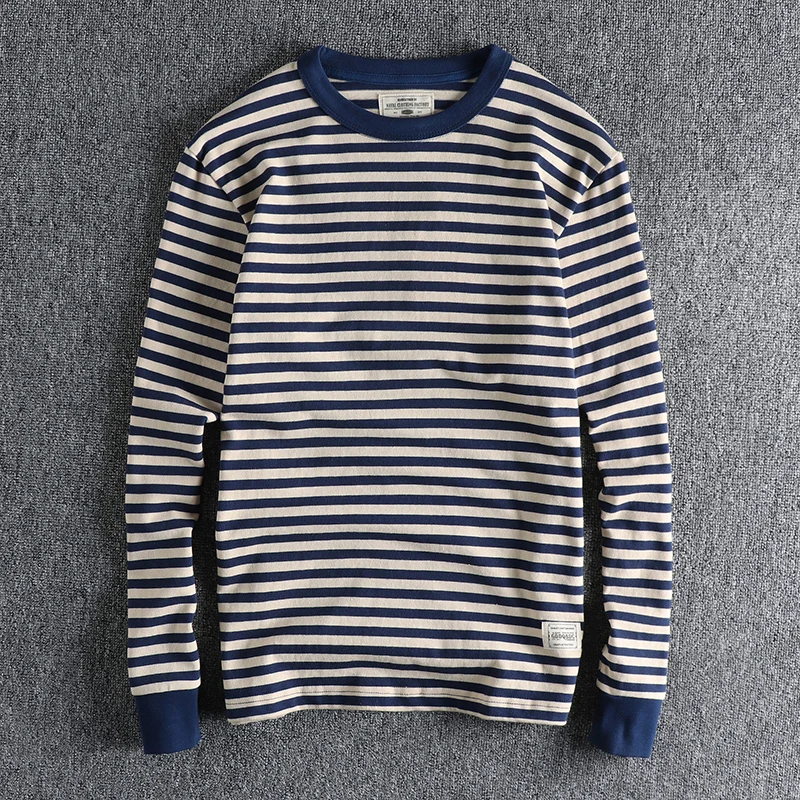 2023 Autumn New American Retro Long-sleeved O-neck Striped T-shirt Men\'s Fashion Simple 100% Cotton Washed Casual Sport Tops