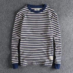 2023 Autumn New American Retro Long-sleeved O-neck Striped T-shirt Men's Fashion Simple 100% Cotton Washed Casual Sport Tops