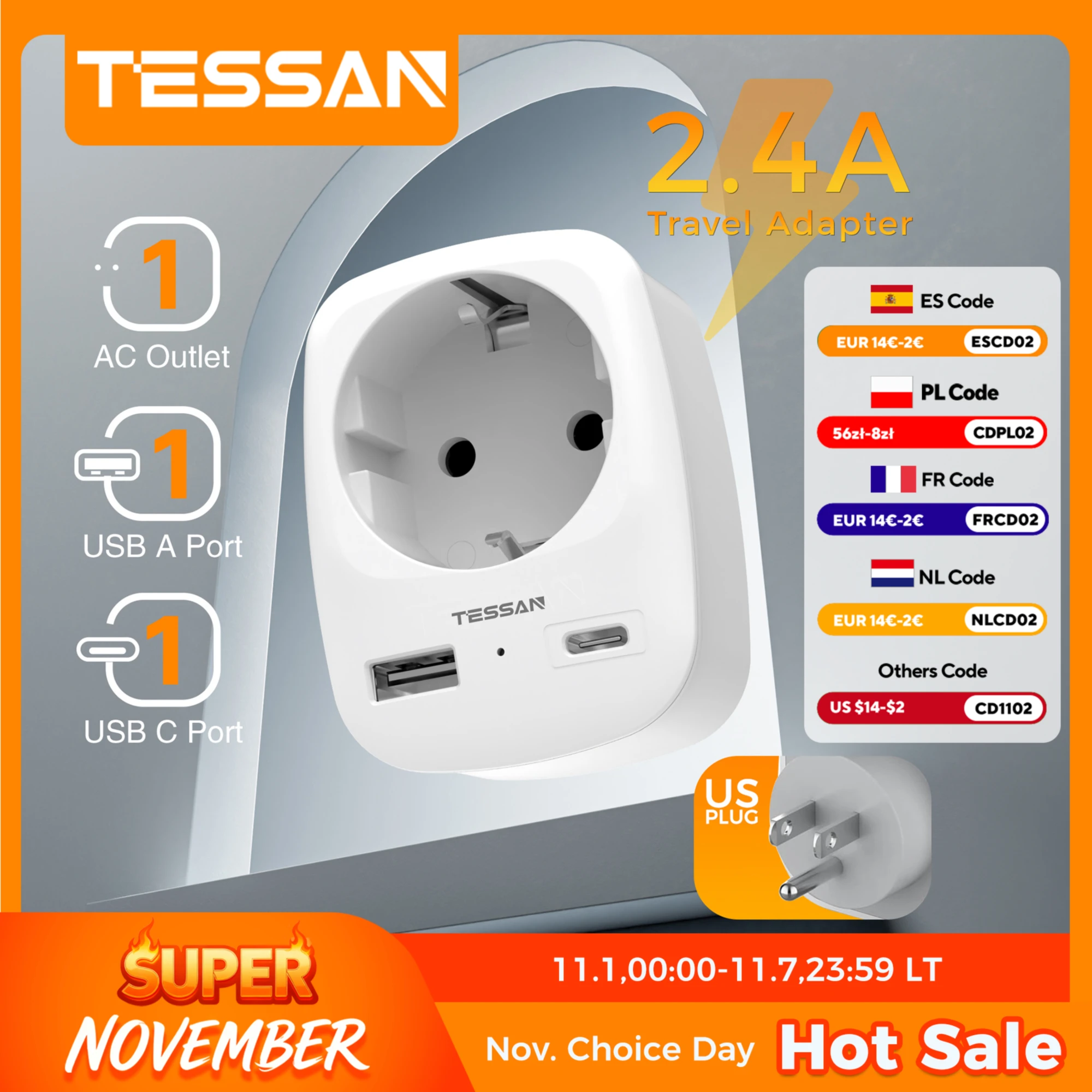 

TESSAN Travel Adapter USA Adapter America Europe Plug with USB C 3A Socket Adapter Travel Plug Power Adapter for Canada Mexico