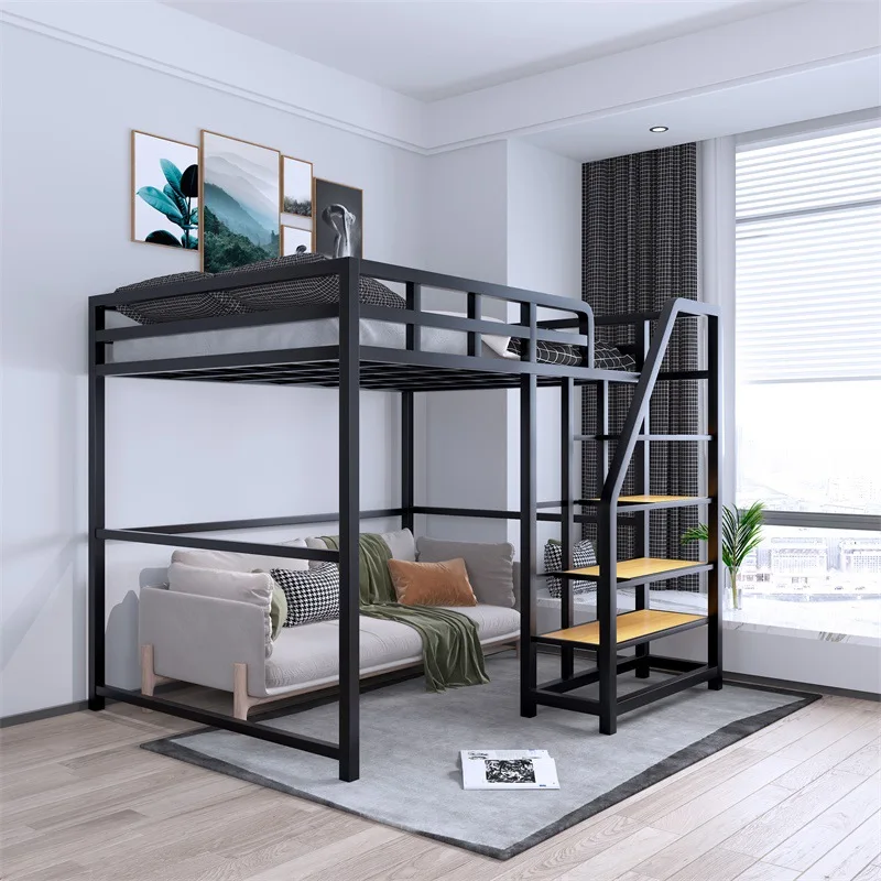 سرير مرتفع بسيط من الحديد المطاوع بطبقة مزدوجة، وسرير غرفة نوم منزلي أسفل سرير بإطار حديدي، وموفر للمساحة لشقة واحدة