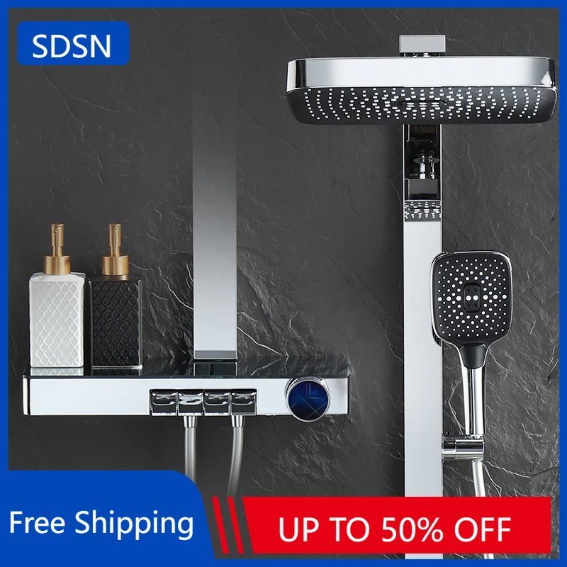 Chrome Piano Digital Bathroom Shower Set Hot Cold Digital Bathroom Shower System Faucet Accessories 12 Inch Rainfall Shower Head