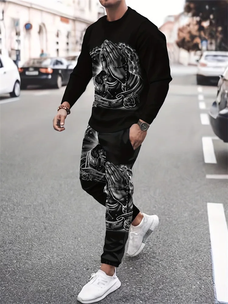 Harajuku Street Trend Men's Crewneck Long Sleeve T-shirt Pants 2-piece Fashion Print New Daily Casual Jacket And Loose Pants