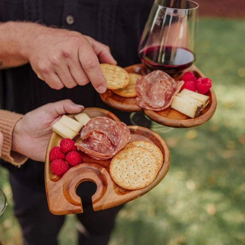 4PCS Multifunctional Acacia Wood Fruit Plate with Wine Glass Bracket Steak Tray for Gathering Appetizer Service