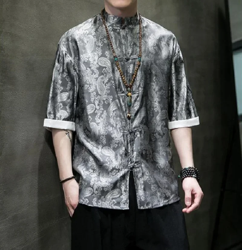 الرجال الملابس النمط الصيني تانغ دعوى الجاكار نصف كم قميص الكونغ فو معاطف الربيع الصيف فضفاض الساتان بلوزة الرجال قميص