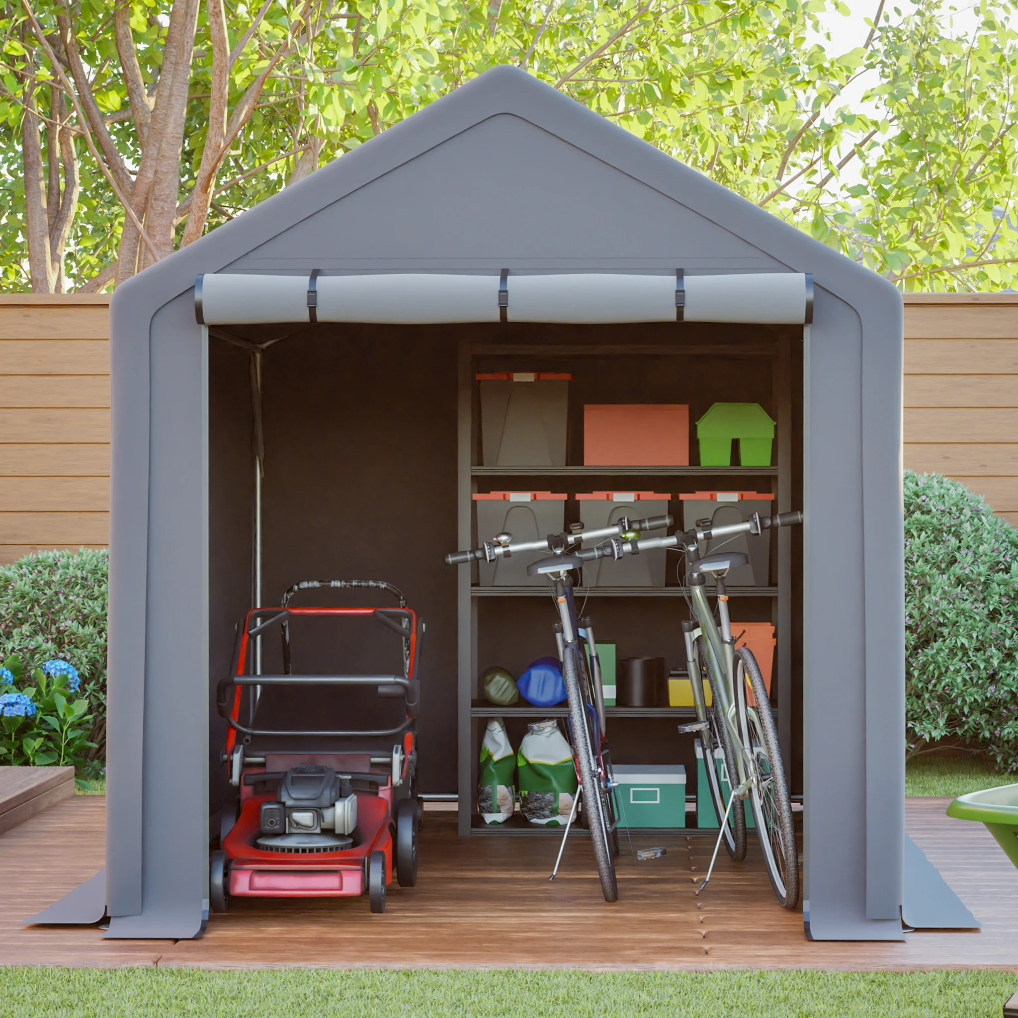 190×296×200cm Garage Carport, Lagerhalle für den Außenbereich mit Rolltor mit Reißverschluss, verzinktem Metallrahmen, UV-beständigem wasserdichtem Stoff
