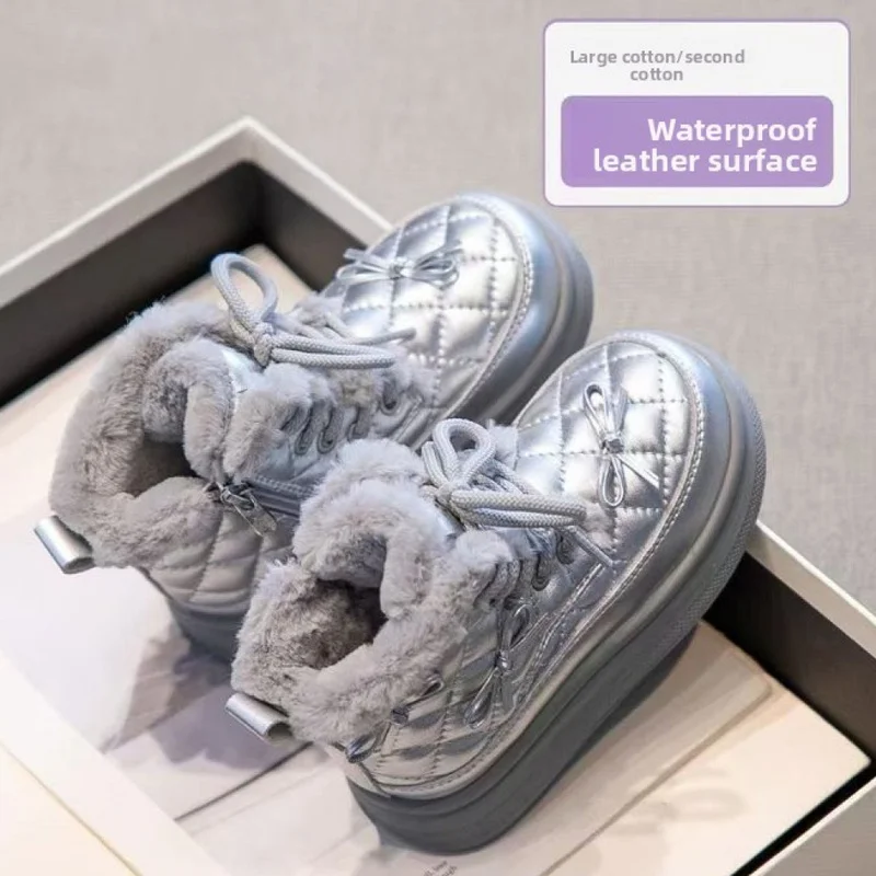 Korean Style Winter Boots For Girls PU Leather Waterproof Teenager Kid's Plush Footwear Trend Fashion Children's Cotton Shoes