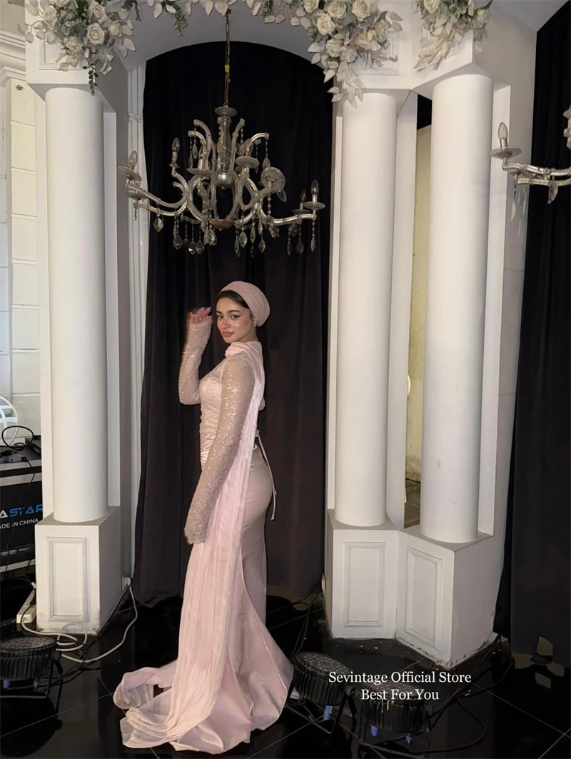 Sevintage-vestidos de noche de sirena con purpurina, color rosa, plisado, mangas completas, vestidos de graduación de lujo, chal, vestido Formal de graduación personalizado