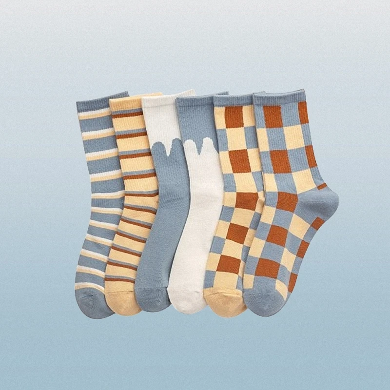 5/10 Pairs Blue Plaid Socks Women Autumn And Winter Mid-tube Socks Cream Striped Cotton Socks British Style Socks