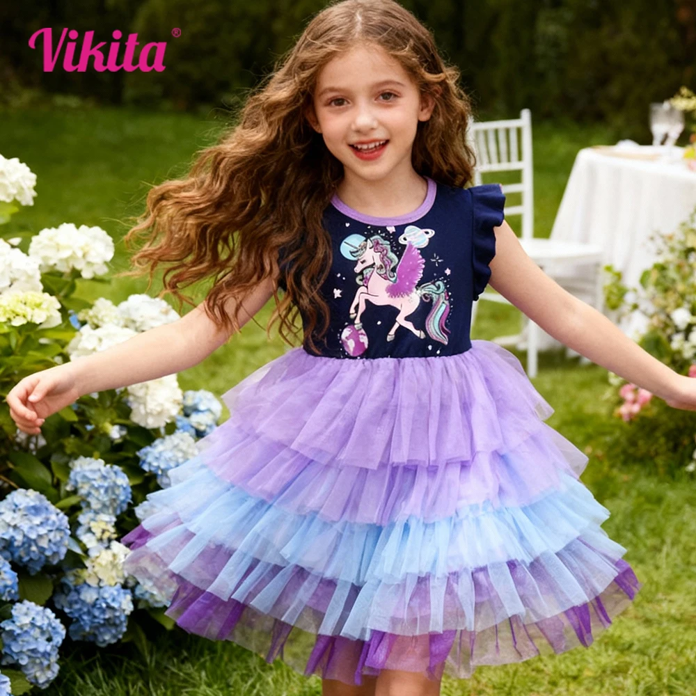 

Girls Navy Licorne Cartoon Print Flare Sleeve Summer Colorful Dress Kids Tiered Tulle Mesh Tutu Princess Party Casual Dresses