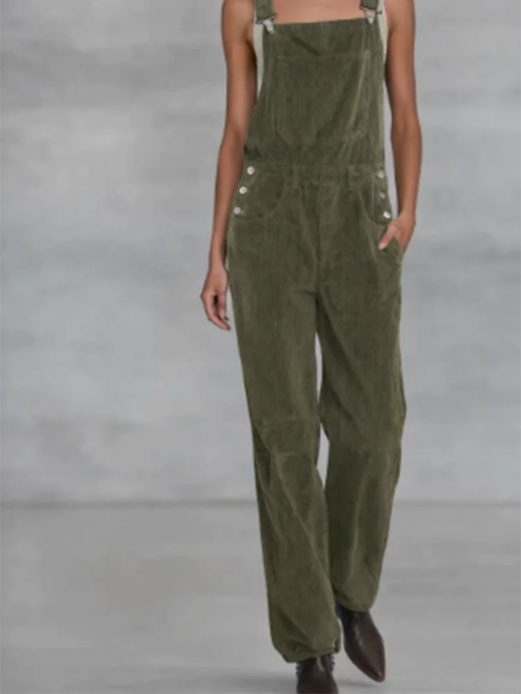 

Fashion Solid Corduroy Halter Jumpsuits Elegant Lady Pocket Commute Playsuits Autumn Winter New High Waist Wide Leg Romper Women