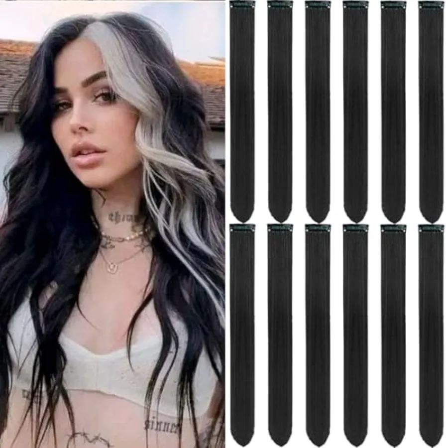 

12 PCS Black Hair Extensions Clip in, 22 Inch Colored Hair Extensions Party Highlights Long Straight Synthetic Hairpieces for W